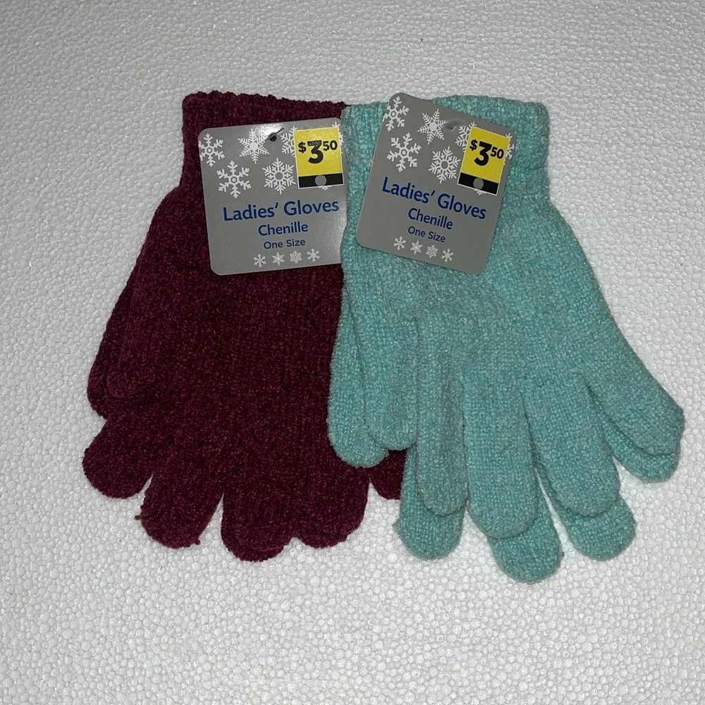 2 Pair Ladies Gloves Chenille Stretch One Size Maroon & Mint Green